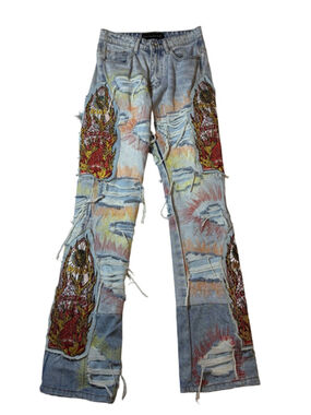 NWT Who Decides War Barrage Denim Sky Flare Jeans Distressed Patchwork FLAW